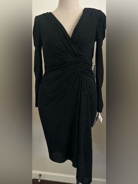 Betsy & Adam Black Sparkle Ruched Wrap-Style Long-Sleeve Dress